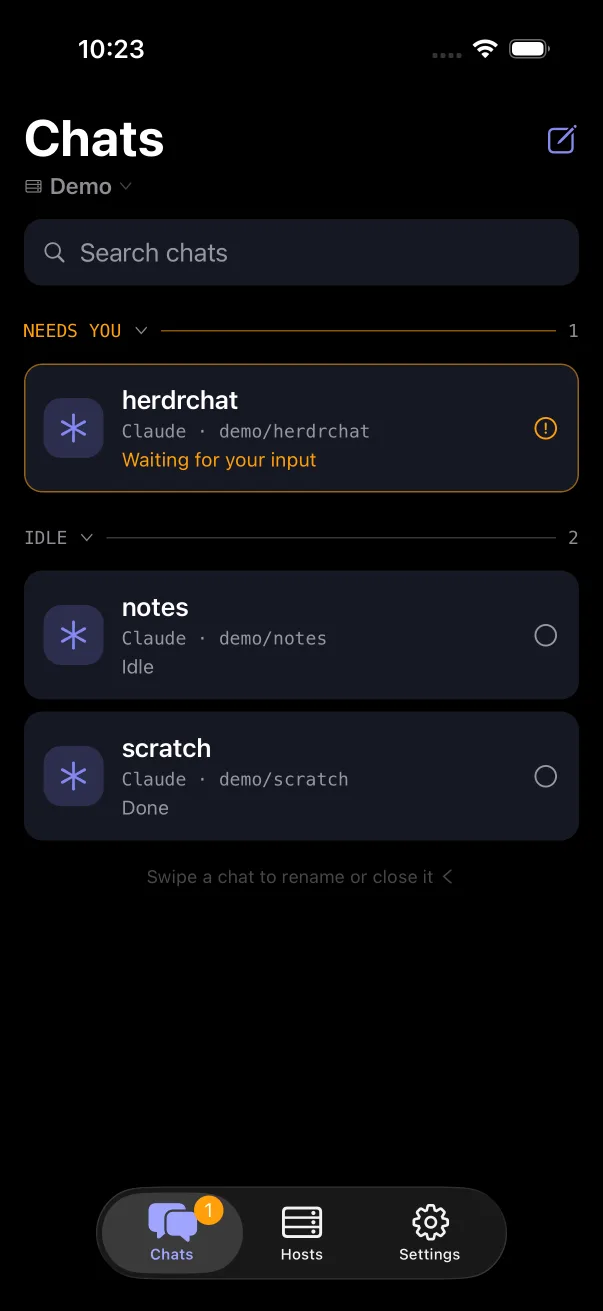 The Chats screen: herdrchat under Needs you, waiting for input, with notes and scratch under Idle